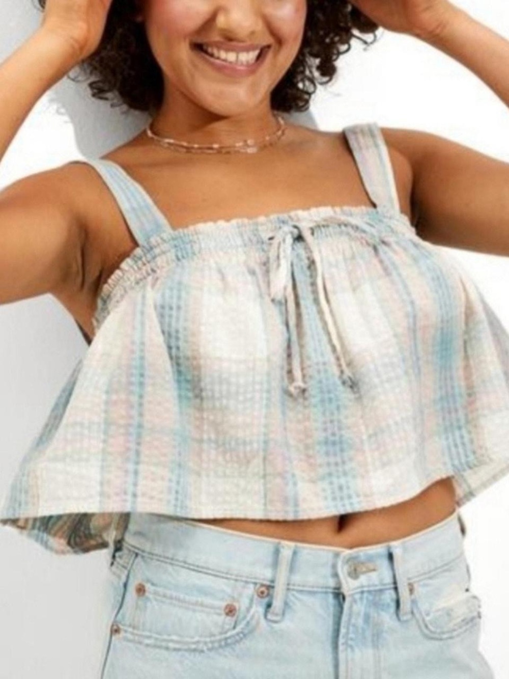 American Eagle Outfitters Pastel Plaid Cropped Tank with Front Tie